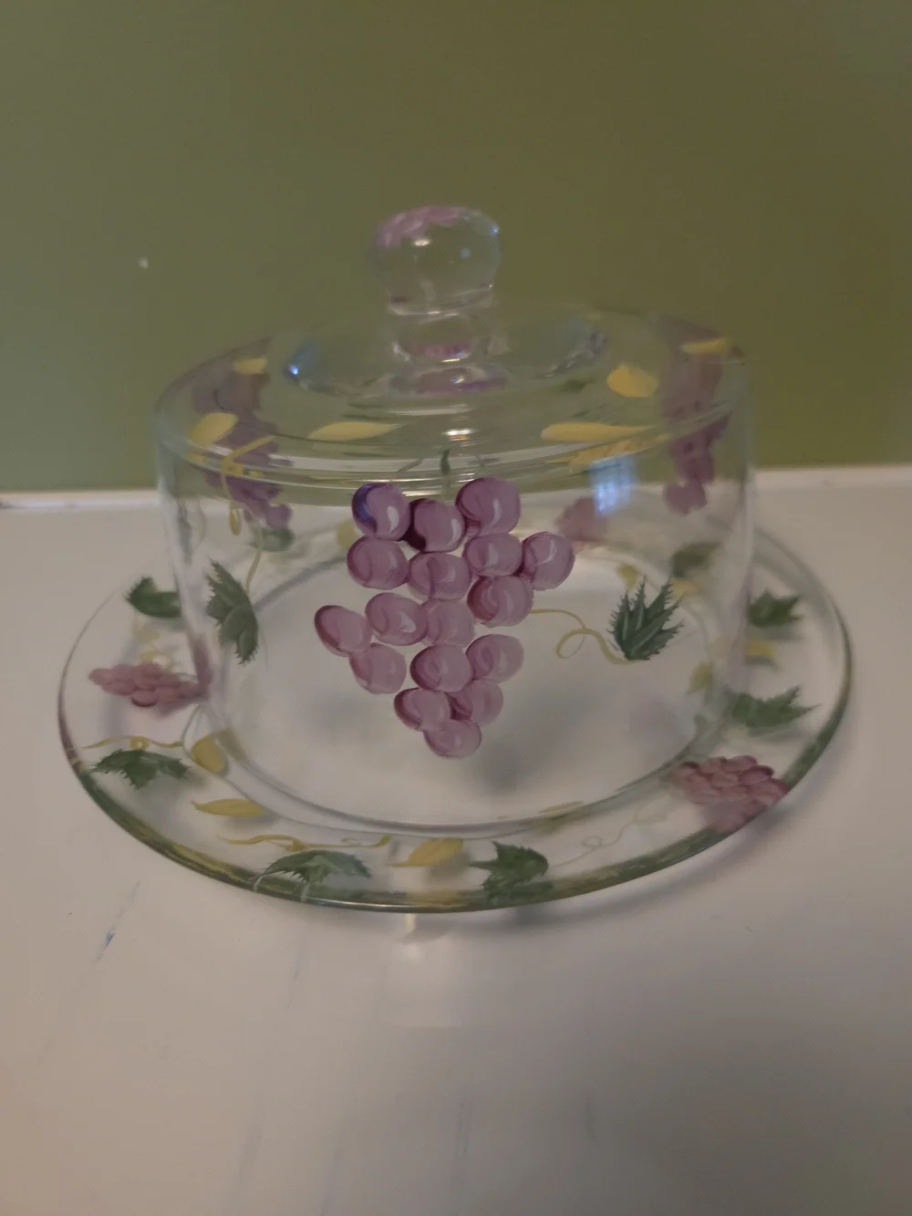 Home Essentials Glass Cheese/Cake Dome Set, Hand Painted Grapes & Vine Motif